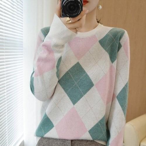 2020 autumn and winter new cashmere sweater diamond check color matching loose lazy round neck long-sleeved sweater