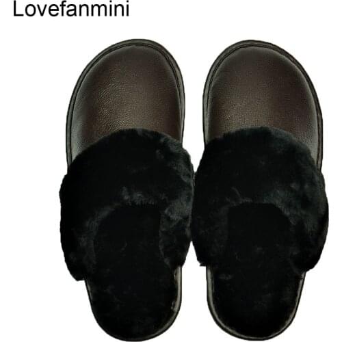 Genuine Cow Leather slippers couple indoor non-slip men women home fashion casual shoes PVC soft soles winter 611GP