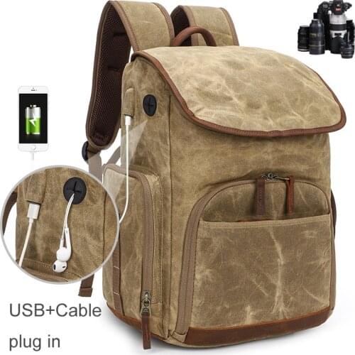 Photo Waterproof Retro Batik Canvas Camera Shoulders Backpack w USB & Earphone Plug in f 15.4inch Laptop Tripod Travel DSLR Bag
