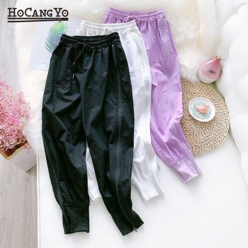 Women Summer Casual Pants Slacks Chic Side Zippers Thin Sweatpants Women Loose Elastic Waist Lace Up Harem Cotton Sweat Pants