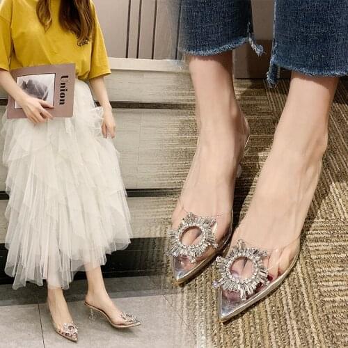 Womens new fashion pvc transparent pointed shallow mouth sexy high heels wild silver rhinestone crystal high heel sandals