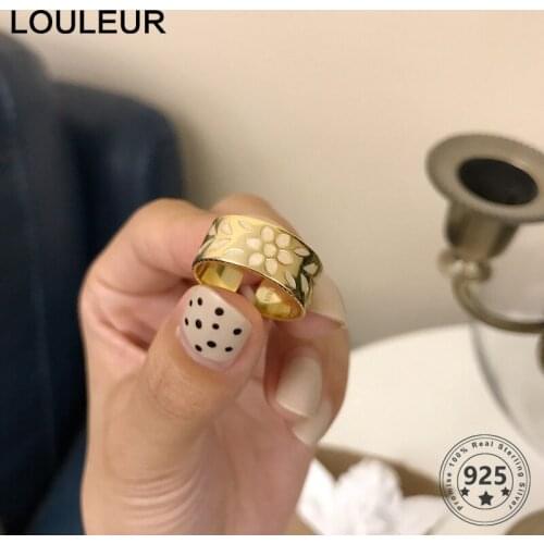 LouLeur 925 Sterling Silver Flower Gold Ring Elegant Resin Printing Silver Wide Open Rings Girls Women Fine Jewelry Bijoux Femme