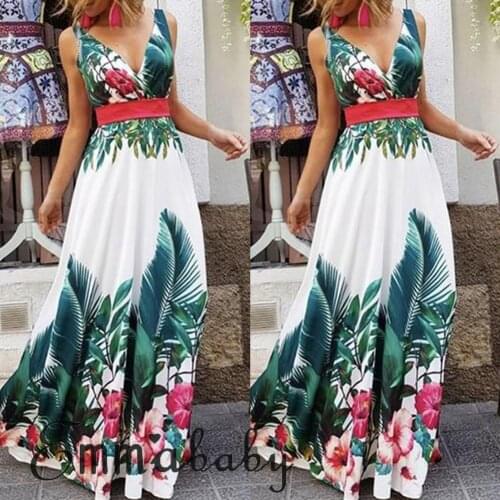 Women Slim High Waist White V Neck Sundress Lady Summer Boho Casual Sleeveless Red Flower Green Leaves Printed Long Maxi Dress