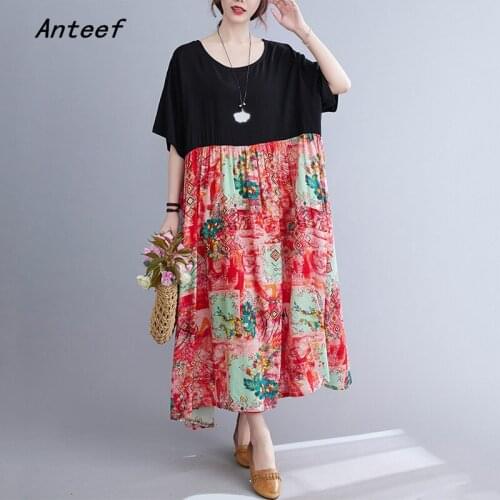 Short sleeve cotton vintage floral dresses for women casual loose long woman summer dress elegant clothes 2021