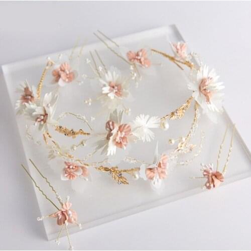 Gold Rhinestone Leaf Pearl Pink Flower Bridal Tiaras Headband Women Headpiece Hair Pins Wedding Crowns Hair Jewelry Accessories