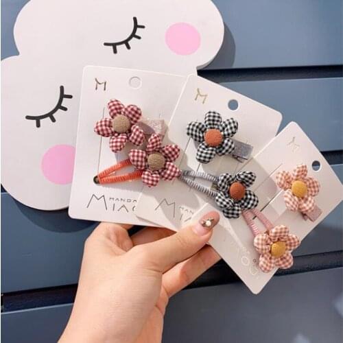 2Pcs/set New Fashion Flower Hairpins Girls Headwear Set Simple Plaid Hair Clips Kids Cotton Barrettes Children Hair Accessories