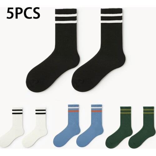 5PCS Spring Socks Women Woman Korean Version of The Two Bars Japanese Striped Cotton Tube Pile Socks College Style