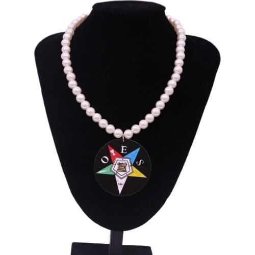 Abadon Five Pointed Star Natural Wooden Painted OES Order of Easter Star Strand Pearl Necklaces Society Group Memory Jewelry