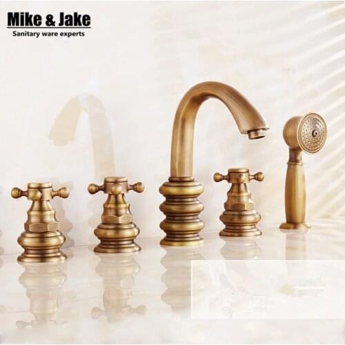 Antique Brass 5pcs Bathroom Tub Sink Faucet with Hand Shower Deck Mounted 5 Holes Three Cross Handles Bathtub Taps MJ358