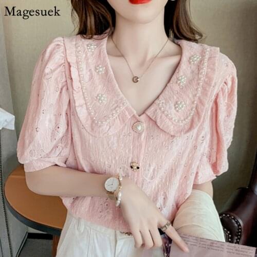 Summer Short Puff Sleeve Korean Blusas Mujer Loose Woman Shirt Retro Beading Peter Pan Collar Tops Vintage Women Blouses 15132