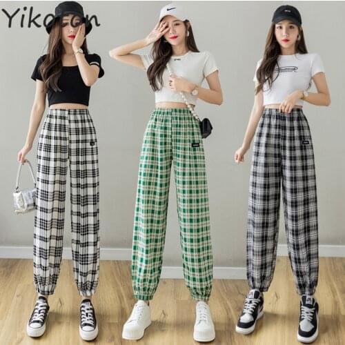 Chiffon Plaid Pants For Women Trousers 2021 Summer Autumn Harajuku Elastic Waist Loose Casual Straight Trousers Joggers Mujer
