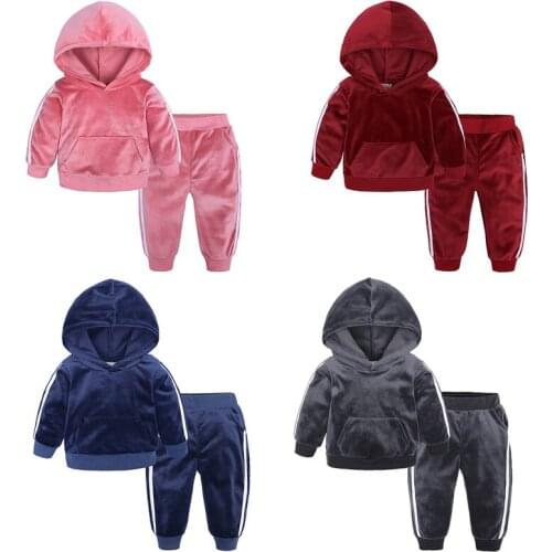 Childrens Clothing Two-piece Winter Warm Suit Hoodie + Trousers Set Boys Girls Autumn Velvet Fleece Sportsuit Casual Outfits