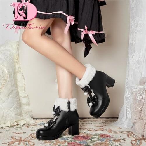 DoraTasia 2021 Winter Girls Ankle Boots Platform High Heels Winter Warm Short Snow Boots Women Plush Sweet Cute Bowknot Shoes