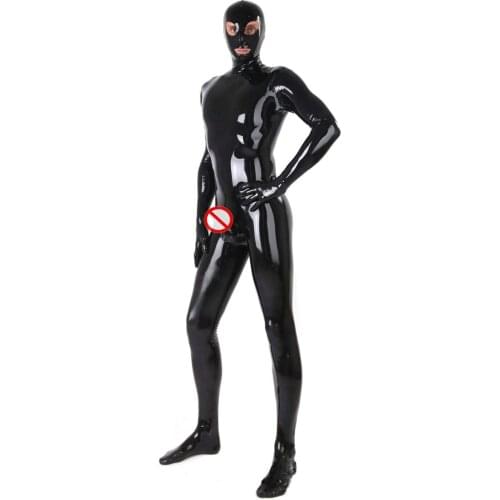 Latex Fetish Catsuit Sexy Zentai Bodysuit Men Full Cover with Condom Penis Sheath Adult Jumpsuit Wet Look Plus Size
