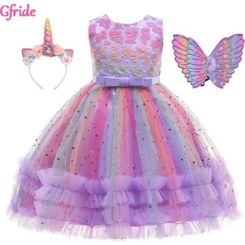 Summer Unicorn Costumes Flower Girl Sequin Star Rainbow wedding Party Dress With Headband Wings Role Dance Performance Clothing