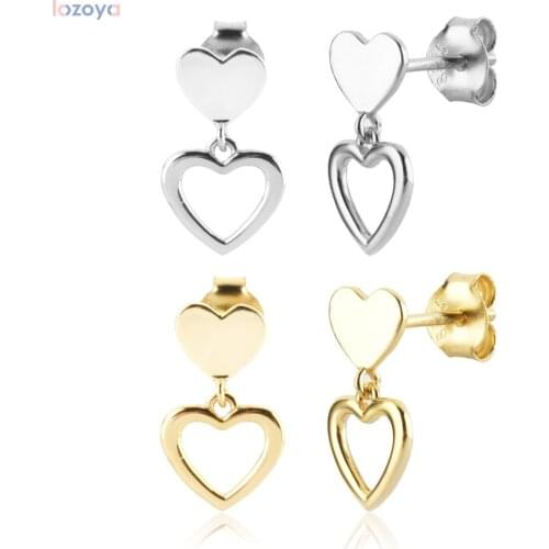 LOZOYA 925 Sterling Silver Love Heart Stud Earring Piercing Clips Luxury Jewelry Pendiente Jewelry Plain Drop France Wedding