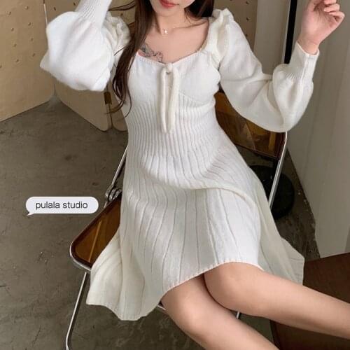 2020 autumn winter square collar short sweater dress white dress women loose mini dress Female chic basic dress