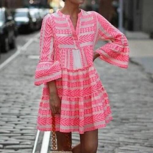 Autumn Flare Long Sleeve Dress Women Elegant Ruffle V Neck Striped Print Bohemain Beach Mini Dresses Femme Loose A-Line Dress