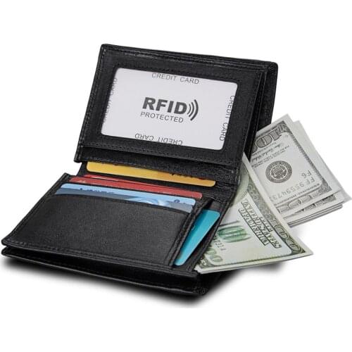 Luxury Mens Wallet Fashion Top Layer Short Business Wallet Tri-Fold Cowhide Wallet RFID Protection Male Black Card Bag Purse