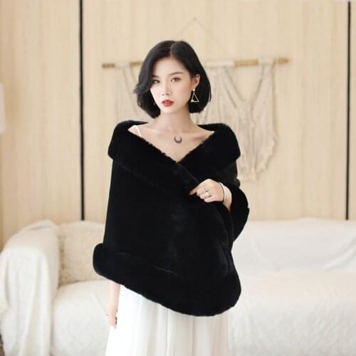 Black Faux fur Women Bridal Wedding Party Shawl Shrug Jacket Cape Stole