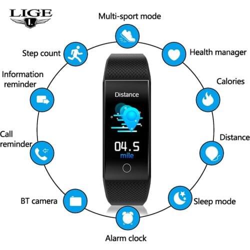LIGE Smart bracelet Men and Women heart Rate belt Sleep monitoring Blood pressure Fitness Tracker waterproof Sports watch