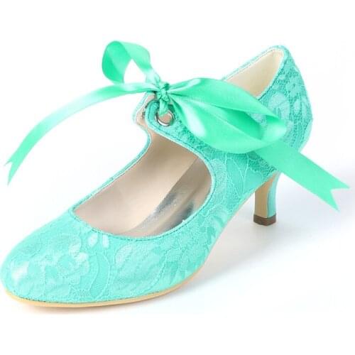 Mid Heels Lace Wedding Shoes Women Round Toe Ribbon Heeled Prom Evening Bridal Party Ladies Dress Pumps