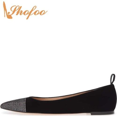 Black Crystal Pinted Toe Basic Flat Woman Vegan Slip On Female Ladies Dress Shoes Footwear Large Size 36 39 Sweet Fashion Mature