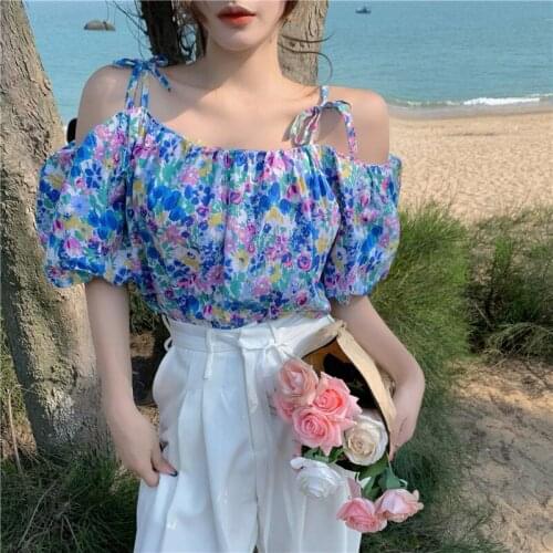 Women Floral Printed Pattern Tops, Short Puff Sleeve Boat Neck Spaghetti Strap T-shirt, Blue/ Orange