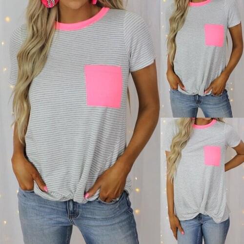 Summer T Shirt Women 2021 new Europe stripe printing round collar pocket female T-shirt short sleeves Tee Tshirts CKX9664