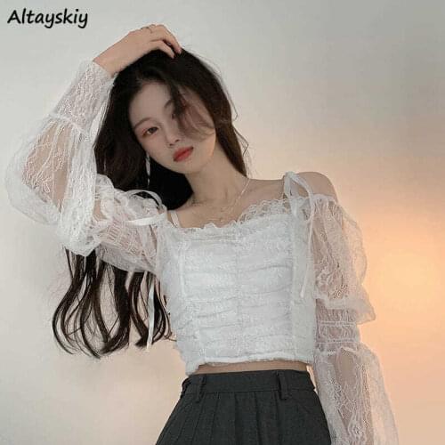 Blouse Women Lace Slash Collar Spring Puff Sleeve Lace-up Pleated Sexy Sweet Fashion All-match Elegant Streetwear Korean Style
