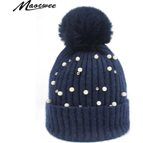 Women Hat False Fur PomPon Knitted Beanies Cap Spring Autumn Winter Warm For Girl Hat Thick Skullies Raccoon Outdoor Pure Color