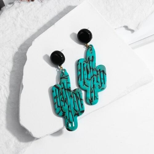AMORCOME Trendy Cactus Acrylic Long Hanging Earrings for Women Cute Green Plant Geometric Unusual Drop Earrings Jewelry 2021