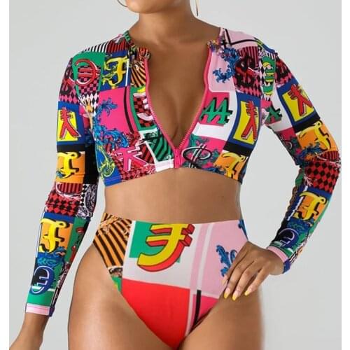 Ethnic Pattern Bikini Set Women 2-piece Set Swimwear Monokini Long Sleeve Printed Female Bathing Surfing Swim Wear Beachwear