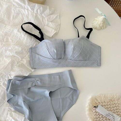 Girls plaid push up underwear womens summer strapless non-slip invisible thin bra panty sets adjustable ladies lingerie