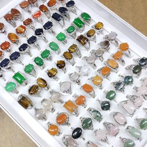 20pcs/lot Fashion Multicolor Agate Tigereye Nature Stone Silver Plated Rings For Women Men Jewelry Mix Style Party Gifts