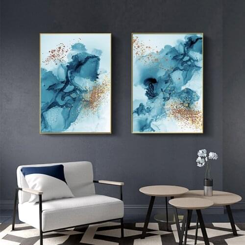 3 Panels Nordic Sea Blue Golden Color Abstract Canvas Painting Wall Art Poster Print Wall Pictures Home Decor No Frame