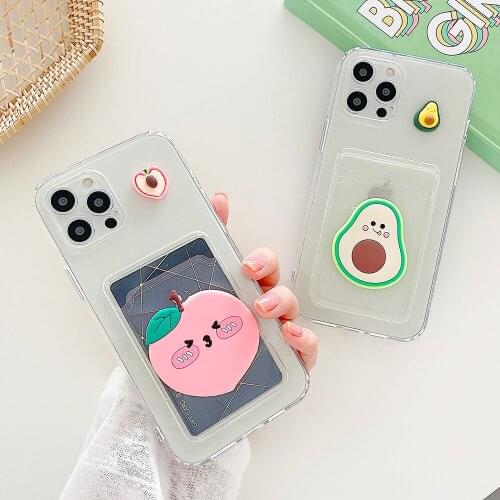 Cartoon 3D Fruit Avocado Card Slot Holder Phone Case For Xiaomi Redmi Note 10 9 8 Pro Mi 11 Lite Ultra Poco X3 Soft Clear Cover