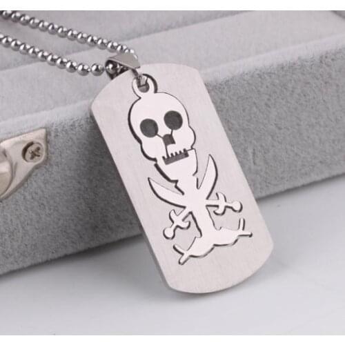 Double knife Pirate skull tags pendant necklaces bead chain for men 316L Stainless Steel necklace wholesale