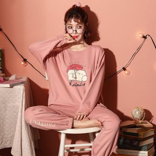 Foply Cartoon 100% Cotton for Women Pajama Sets Pyjamas Sleepwear Nightwear Pijama Mujer Home Wear Plus Size Long Pant Nightsuit