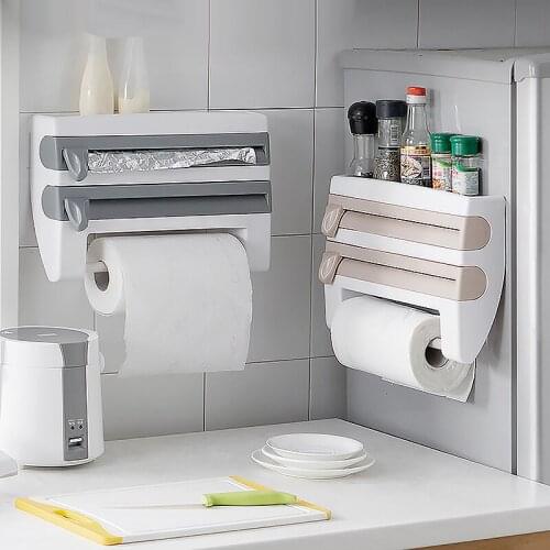Kitchen Organizer Plastic Wrap Dispensers Paper Towel Holder Cling Film Cutting Holder Sauce Bottle Tin Foil Storage Rack Shelf