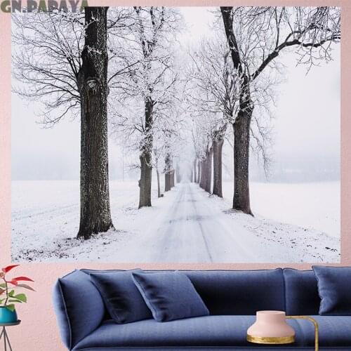 Forest after snow Scenic tapestry Wall Hanging farmhouse decor snow goblen landscape tapestry boheme Polyester Yoga mat white