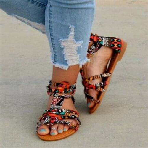 Summer woman sandals PU Buckle Strap Flat Toe Round Toe Shallow Bohemia Toe Roman shoes Comfy Soft Retro Wedge women shoes