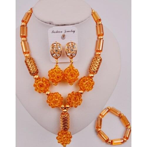 Trendy Champagne Gold Nigerian Necklaces African Beads Jewelry Set Women SJZQ6-10