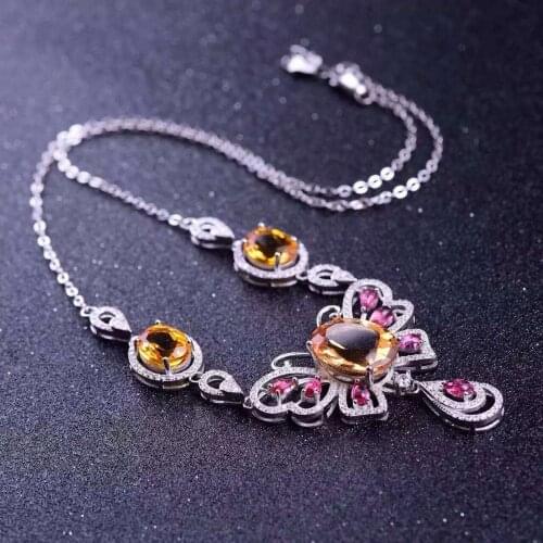 Natural red garnet tourmaline Necklace natural citrine Pendant Necklace S925 silver trendy big butterfly women party Jewelry