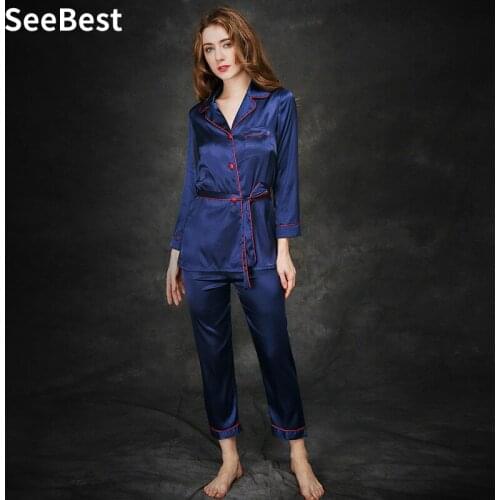Seebest New Style Spun Silk Pajamas Womens Spring Long Sleeve Trousers Silk Tracksuit Women Pajamas Set Women Autumn Clothes