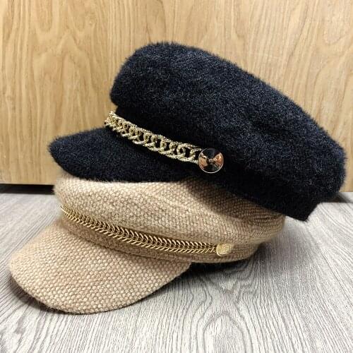 New Wool Metal Chain Beret Visor Octagonal Hat Trendy Military Berets Women Army Sailor Hat Girl Travel Lady Cap Painter Caps