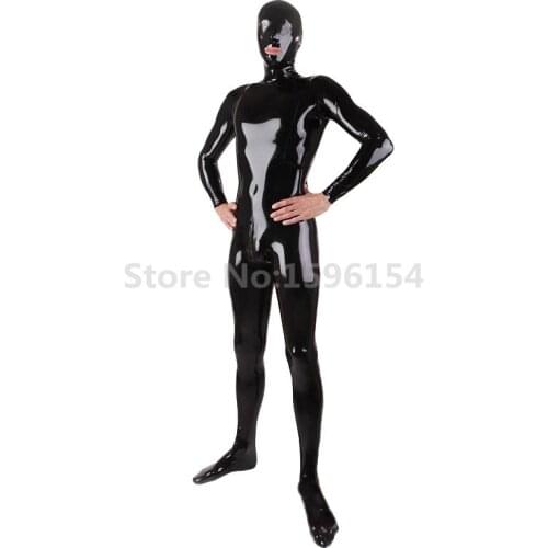 Sexy Full Cover Black Latex Catsuits w/o Gloves for Man Fetish Rubber Erotic Costumes Plus Size Jumpsuit