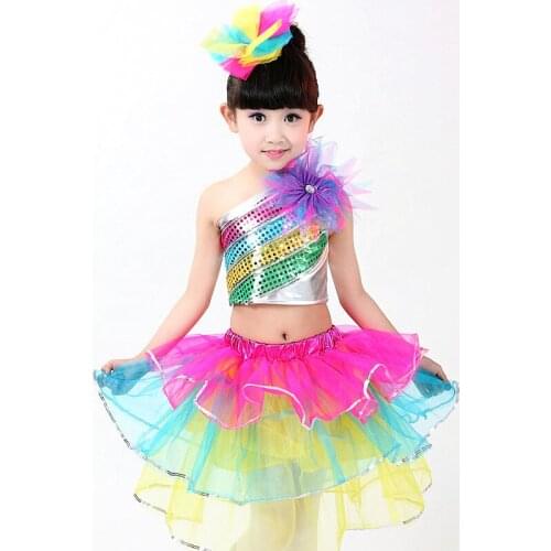 Performance Stage Sequined Rainbow Color Flower Jazz Ballet Dance Tutu Dress Two Piece Girls Dancewear