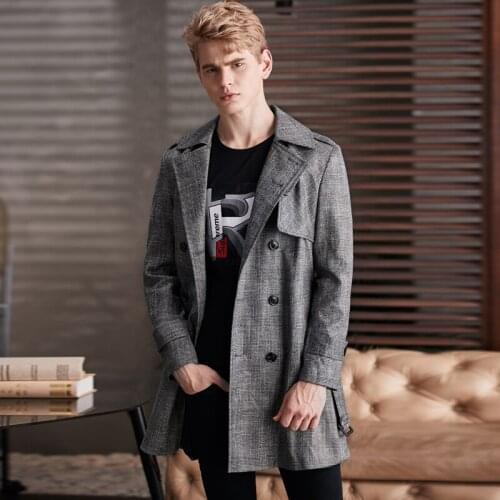 Classic Medium Length Mens Trench High Quality Spring Autumn Double Breasted Man Coats Grey Plaid Male Jackets Size 6xl