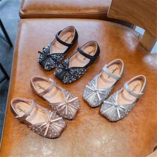 Girls' shoes bowknot princess shoes new fashion childrens shoes in autumn 2021 water drill soft sole non slip kids' shoes